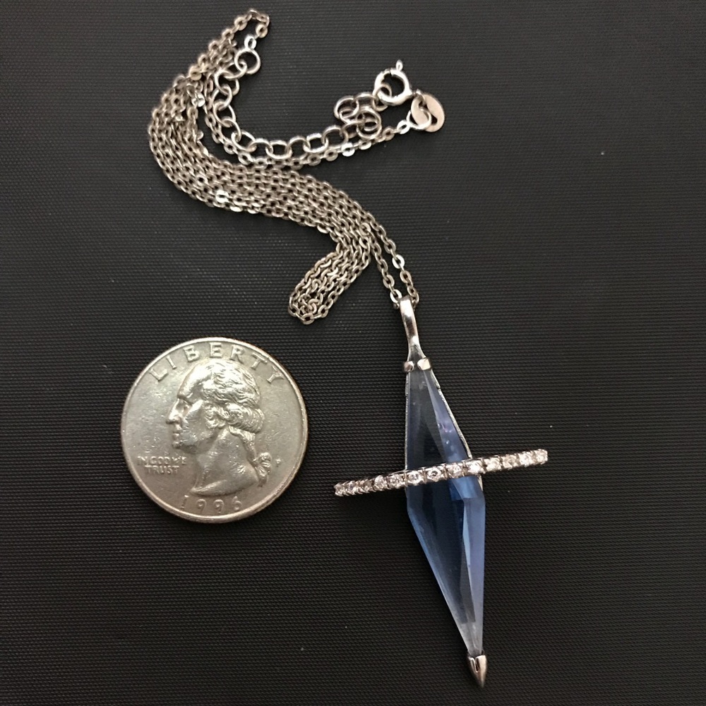 Silver with Blue Topaz Rhomb Crystal Pendant 18”